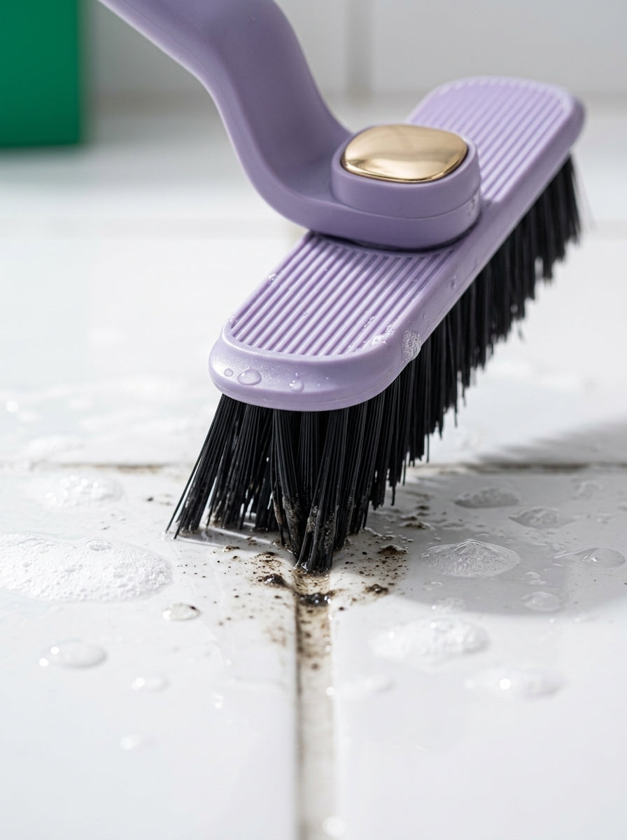 V-shaped bristles digging into a tile grout line