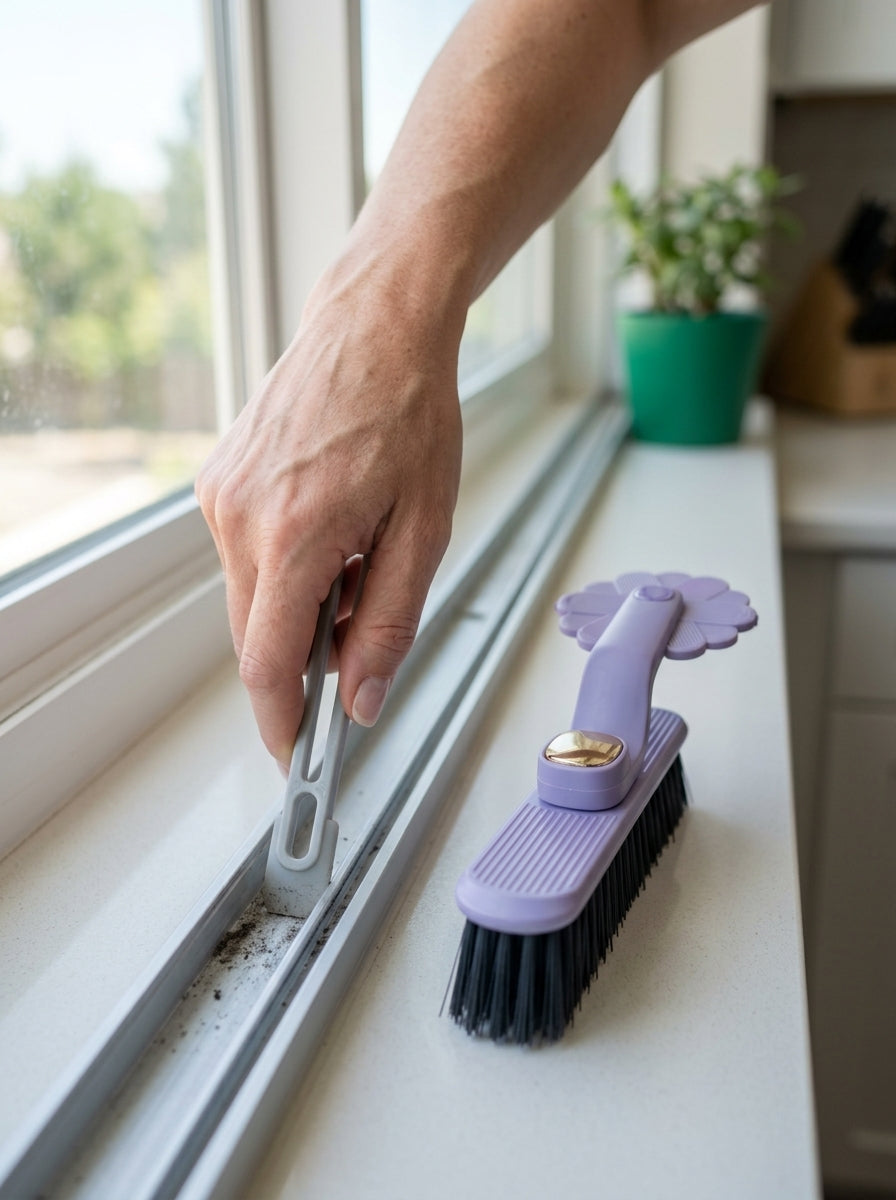 Scrubbing a tiled bathroom corner with the crevice brush